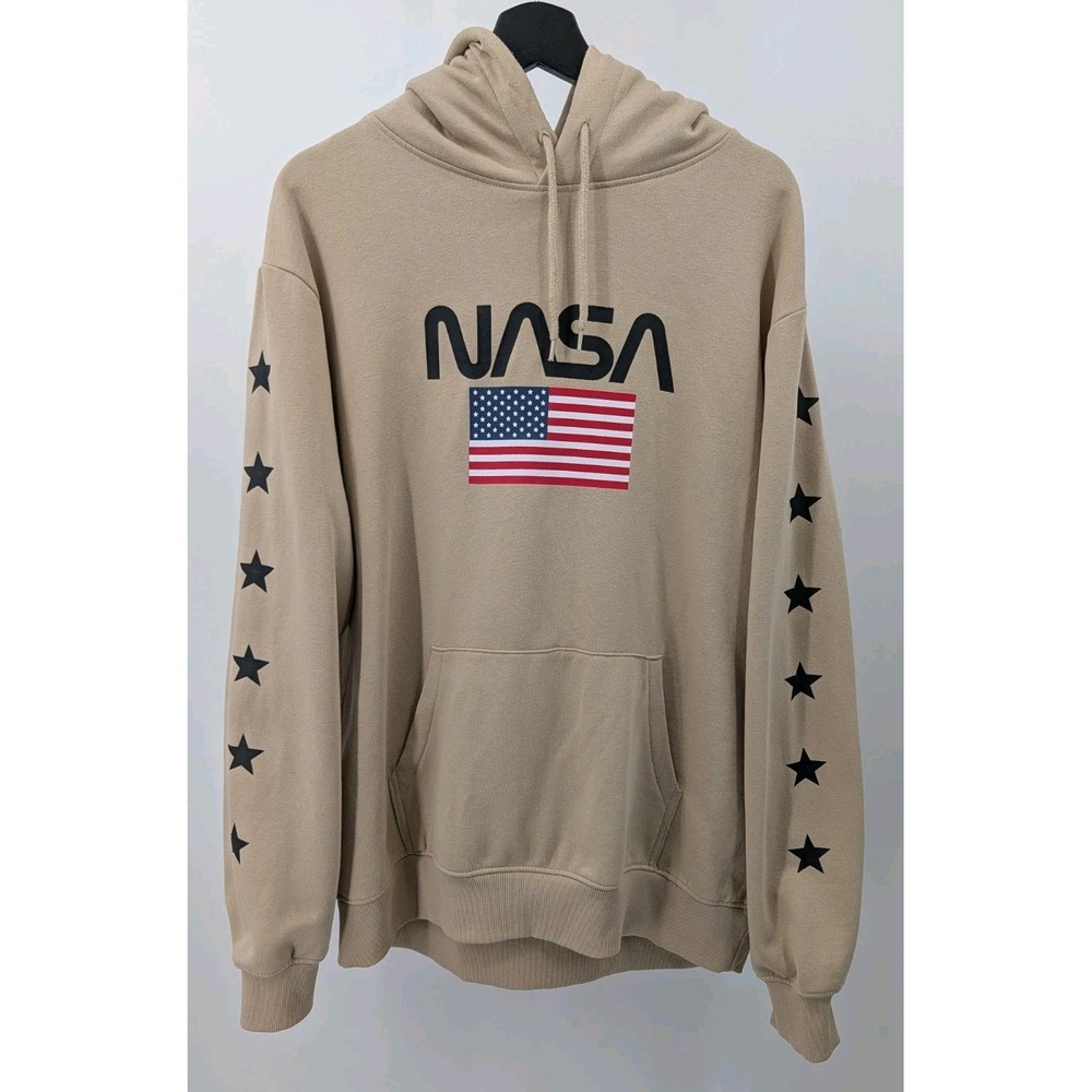 H&M Nasa Space Hoodie Beige Mens Size L USA Astronaut Spaceman American Flag